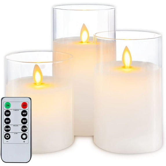Merrynights Pure White Flickering Flameless Candles, Battery Operated Glass LED Pillar Candles with Remote Control and Timer, Moving Flame, Set of 3