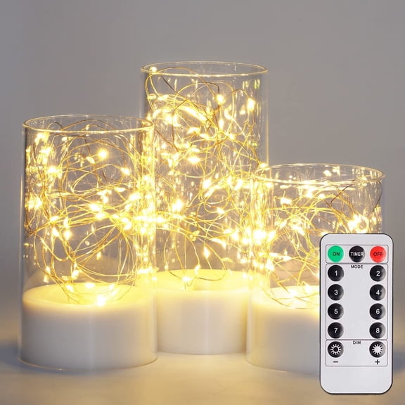 Merrynights Flameless Pillar Candles White Acylinder Embedded Twinkle String Lights with Remote Timer Battery Operated Set of 3