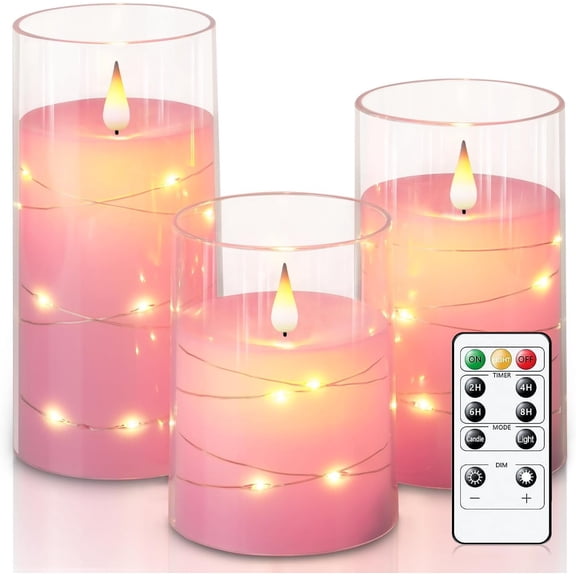 MerrynightsFlameless Candles Flickering with String Lights, Fairy Lights LED Candles, Electric Candle with Remote Control and Timer, Battery Operated Candle, Pink, Acrylic, Set of 3