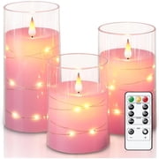 MerrynightsFlameless Candles Flickering with String Lights, Fairy Lights LED Candles, Electric Candle with Remote Control and Timer, Battery Operated Candle, Pink, Acrylic, Set of 3