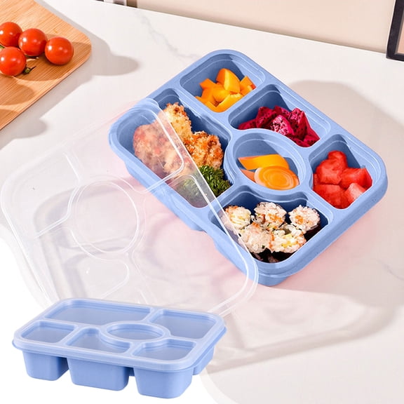 Merryso 6 Compartment Wheat Straw Lunch Box with Transparent Lid - Food Safe Plastic, Reusable, Portion Control, Blue - for Meal Prep, Picnic, Snacks & Fruit Storage
