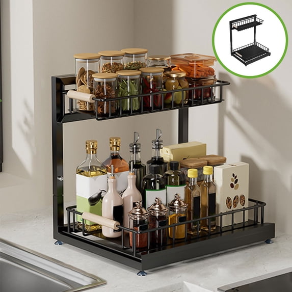 Merryso Black Metal Under Sink Organizer, Adjustable Pull Out Kitchen Sink Storage Rack - Multi-Purpose for Spice/Cleaning Supplies, Sturdy Under Cabinet Shelf