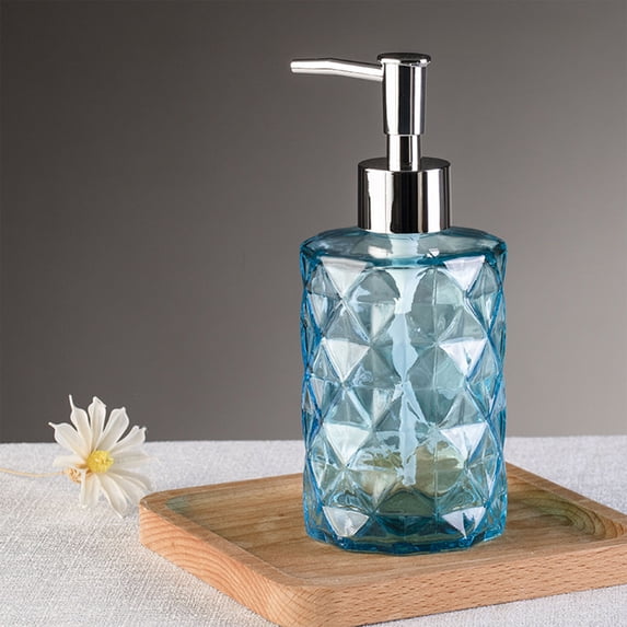 Merryso Blue Diamond Pattern Glass Soap Dispenser, 350ml Refillable Bathroom Kitchen Liquid Dispenser with Pump for Hand Soap, Shampoo