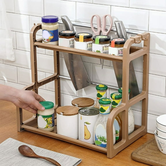 Merryso Double Tier Kitchen Organizer for Spices & Knives, Plastic Coffee Color with Detachable Hollow Design, Countertop Space-Saving Storage