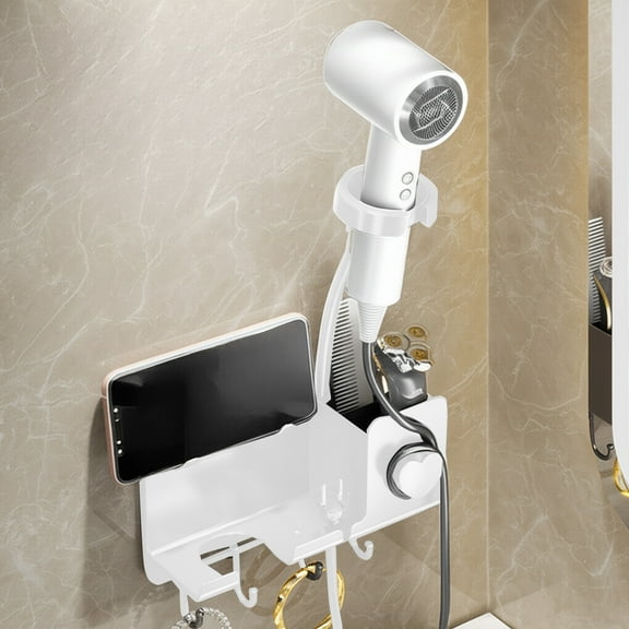 Merryso No Drill Hair Dryer Wall Mount with Phone Holder - Multifunctional Bathroom Storage Rack, 360° Adjustable, Strong Adhesive, Space Saving, White