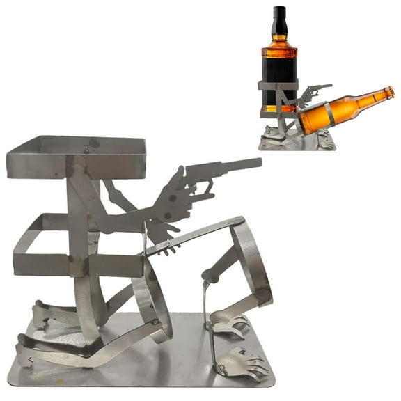 Merryso Metal Skull Bottle Stand - Steampunk Skeleton Holder for Whiskey, Beer - Funny Metal Decor for Bar, Kitchen, Beverage Display