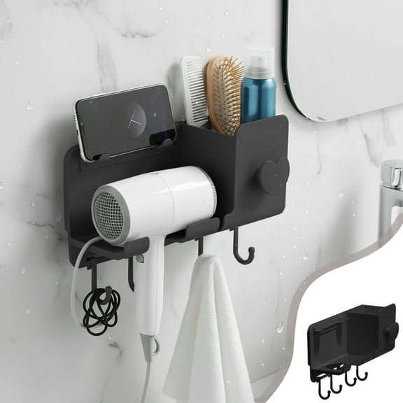 Merryso No Drill Multifunctional Hair Dryer Wall Mount - Space Saving, Black Plastic Holder with Hooks & Phone Rack