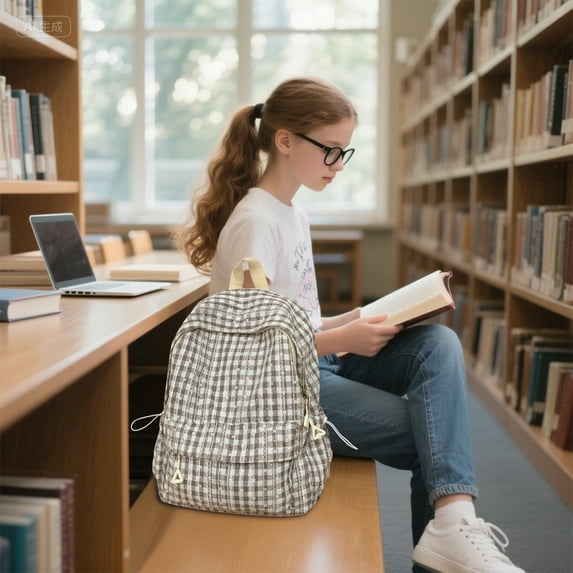 Merryso Nylon Plaid Backpack for Teen Gi-rls - Lightweight Japanese Literary Style, Multi-Pocket for Summer Campus & Travel