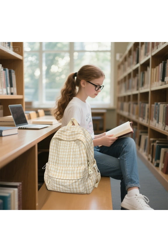 Plaid Backpack for High Sch-ool Gi-rls - Japanese Fresh Style Lightweight Nylon Bag, Summer Campus & Travel, Multi-Pocket Teen Sch-ool Bag