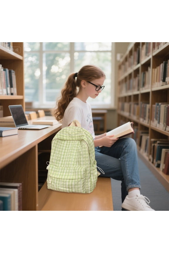Plaid Nylon Backpack for High Sch-ool Gi-rls - Japanese Fresh Style, Lightweight Breathable, Multi-Pocket for Campus Summer Travel
