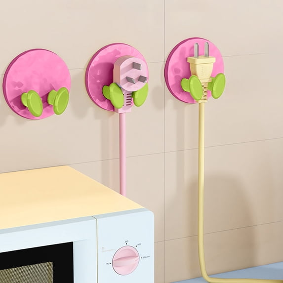 Merryso Punch-Free Adhesive Plug Hook - Wall Mounted Power Cord Holder for Home Kitchen - Space Saving Cable Organizer with Strong ABS Plastic - Pink