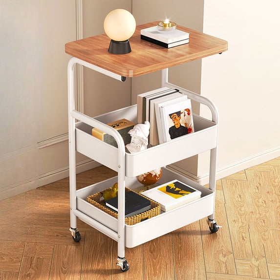 Merryso Rolling Side Table with Mesh Shelves, Mobile Storage Cart, Compact Open Storage Nightstand for Living Room Bedroom, Easy Assembly Wood Wheeled Utility Table