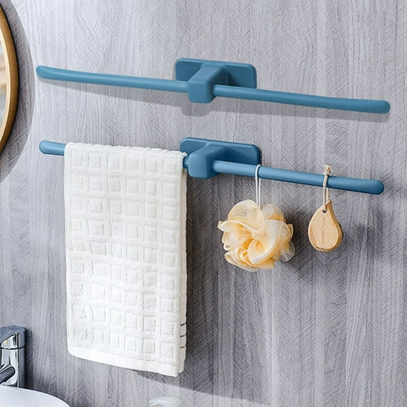 Merryso Scandinavian Style No-Drill Double Towel Rack - Adhesive Bathroom Hanging Rack, Waterproof Plastic, Fast-Drying, Blue, 24.02in, for Bathroom & Kitchen