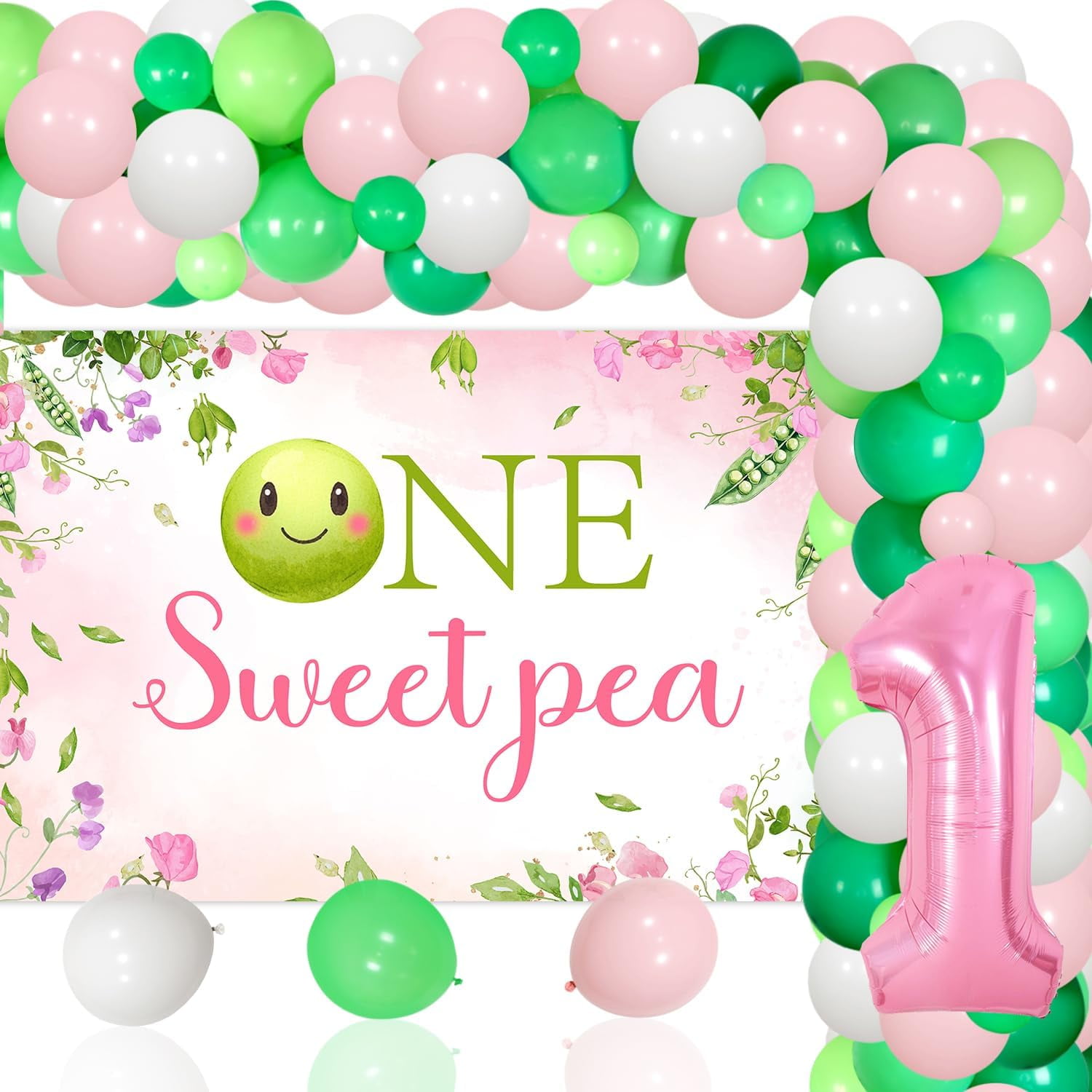 Merrystorm One Sweet Pea Birthday Party Decor for Girls Sweet Pea Themed 1st Birthday Party DIY Garland Backdrop Kits with 1 Number 1 Foil Balloon and 73pcs Latex Balloon Pea First Party Supplies