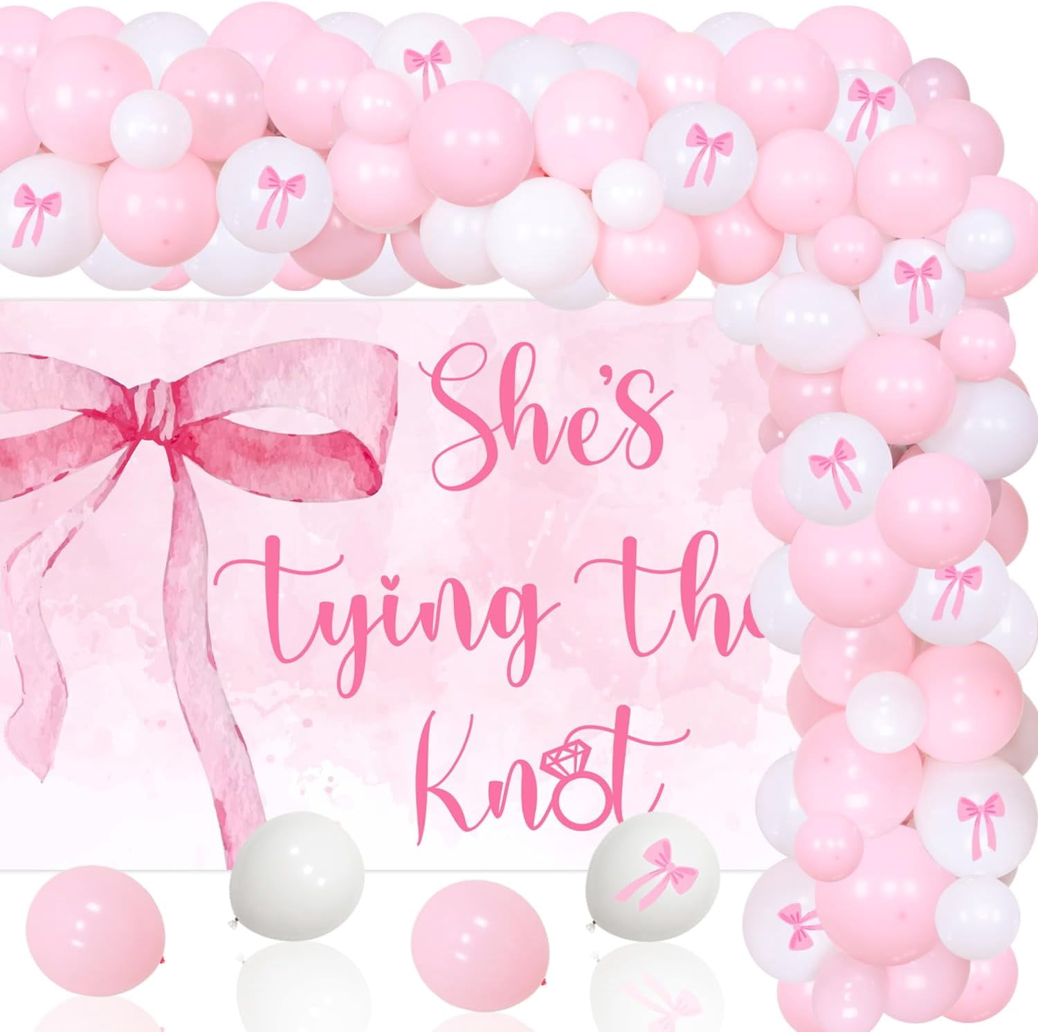 Merrystorm She's Tying The Knot Bridal Shower Decorations, Pink Bow Coquette Bachelorette Party Supplies Backdrop Banner Bow Balloon Garland Arch Kit for Women Bachelorette Bridal Shower