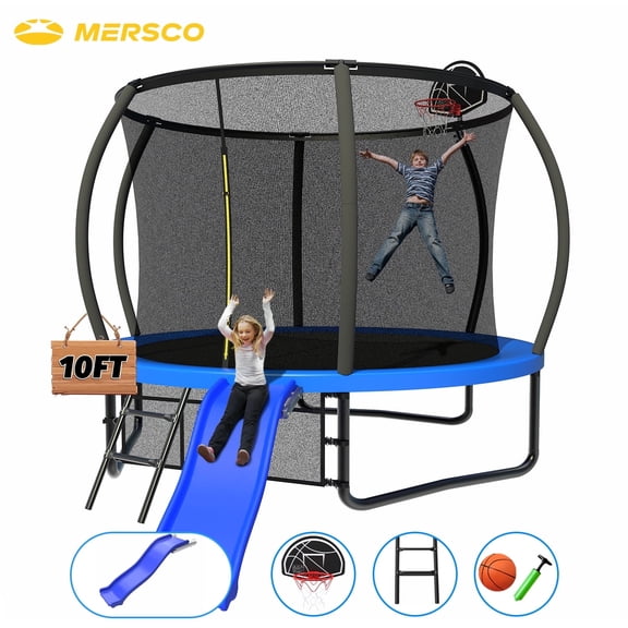 Mersco 10FT Heavy Duty Backyard Trampoline with Enclosure Net, Slide and Basketball Hoop , Ideal Birthday and Holiday Gift,Blue