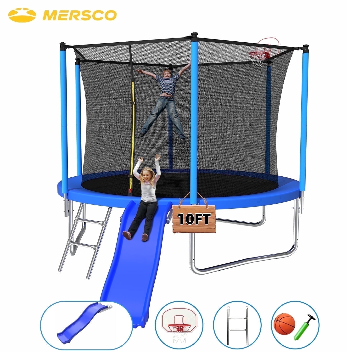 Mersco 10FT Heavy Duty Trampoline with Enclosure Net , Slide Outdoor Big Trampoline for Backyard,Kids Trampoline with Basketball Hoop,Birthday and Holiday Gifts for Kids,Blue