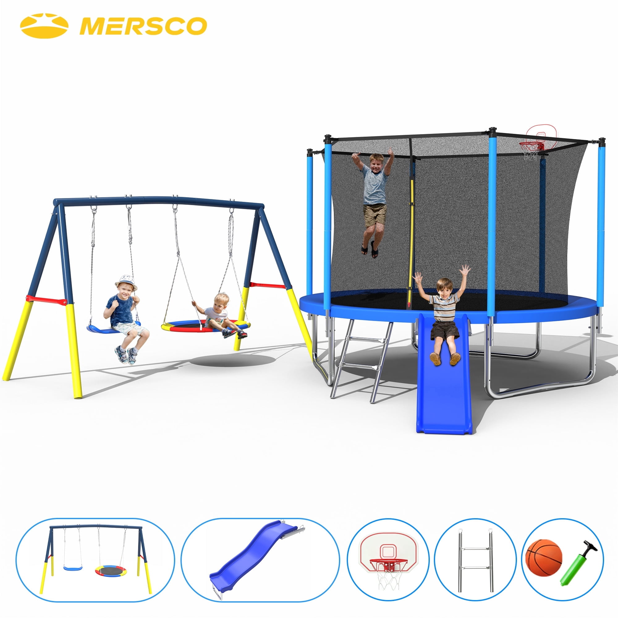 Mersco 10FT Heavy Duty Trampoline with Enclosure Net , Slide , Swing Set Outdoor Big Trampoline for Backyard,Kids Trampoline with Basketball Hoop,Birthday and Holiday Gifts for Kids,Blue