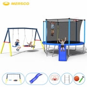 Mersco 10FT Heavy Duty Trampoline with Enclosure Net , Slide , Swing Set Outdoor Big Trampoline for Backyard,Kids Trampoline with Basketball Hoop,Birthday and Holiday Gifts for Kids,Blue