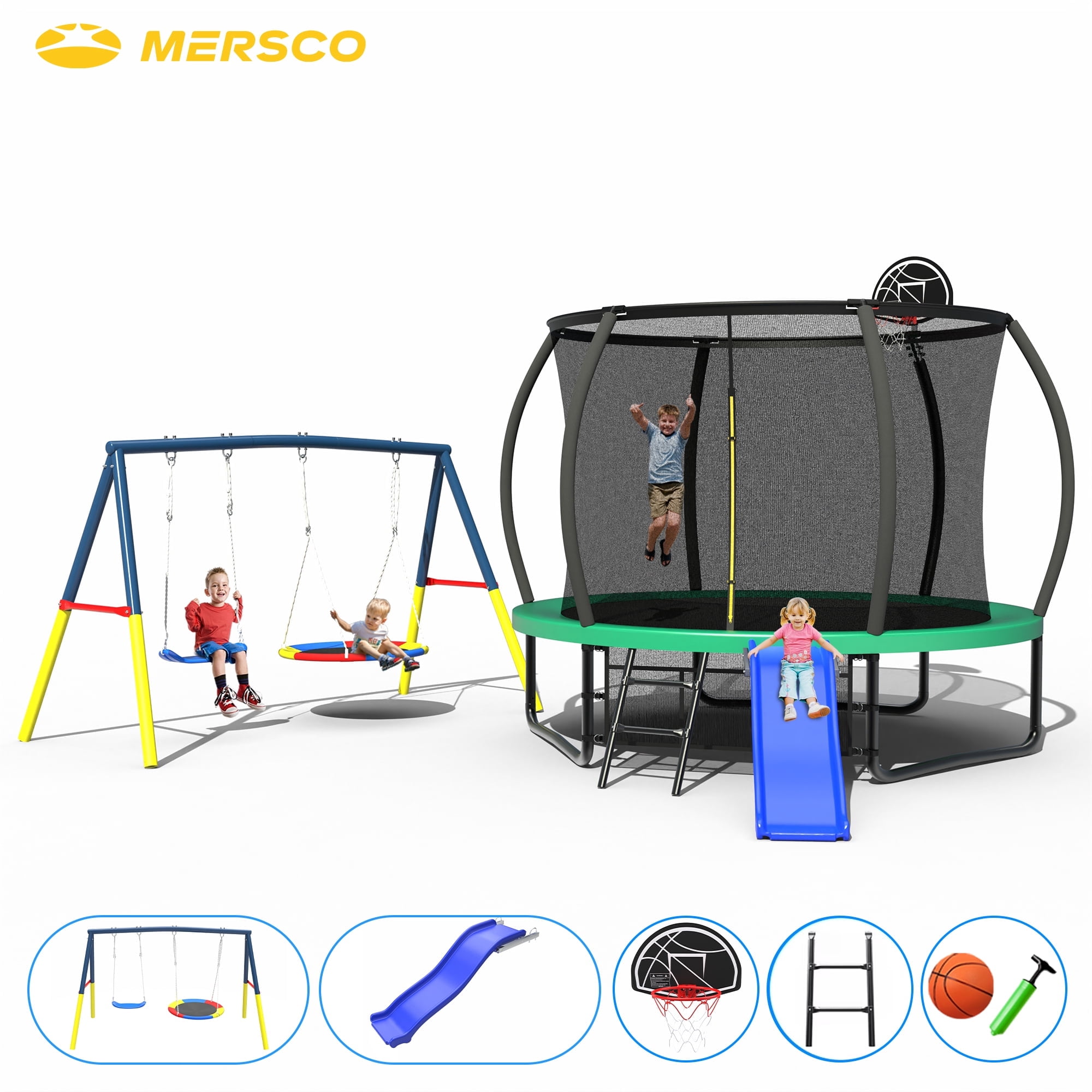 Mersco 10FT Heavy Duty Trampoline with Enclosure Net ,Slide ,Swing Set Outdoor Trampoline for Backyard,Kids Trampoline with Basketball Hoop,Birthday and Holiday Gifts for Kids,Green