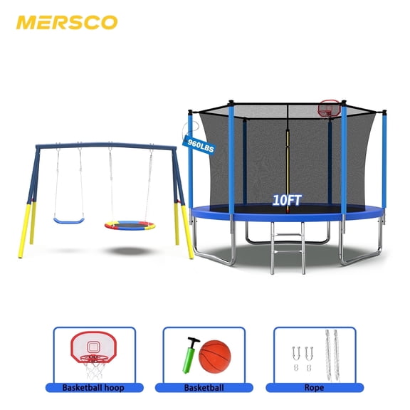 Mersco 10FT Heavy Duty Trampoline with Enclosure Net , Swing Set Outdoor Big Trampoline for Backyard,Kids Trampoline with Basketball Hoop,Birthday and Holiday Gifts for Kids,Blue