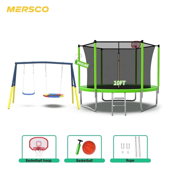Mersco 10FT Heavy Duty Trampoline with Enclosure Net , Swing Set Outdoor Big Trampoline for Backyard, Kids Trampoline with Basketball Hoop, Birthday and Holiday Gifts for Kids,Green