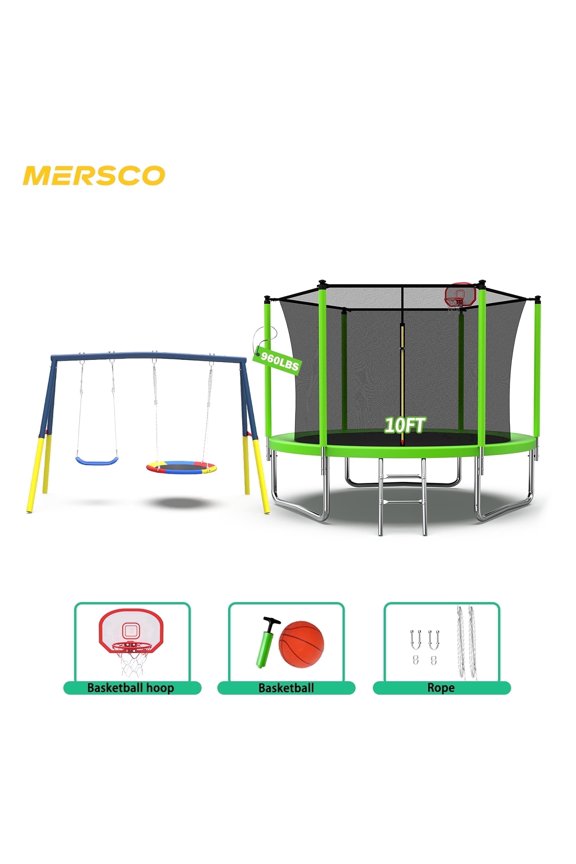 10FT Heavy Duty Trampoline with Enclosure Net , Swing Set Outdoor Big Trampoline for Backyard, Kids Trampoline with Basketball Hoop, Birthday and Holiday Gifts for Kids,Green