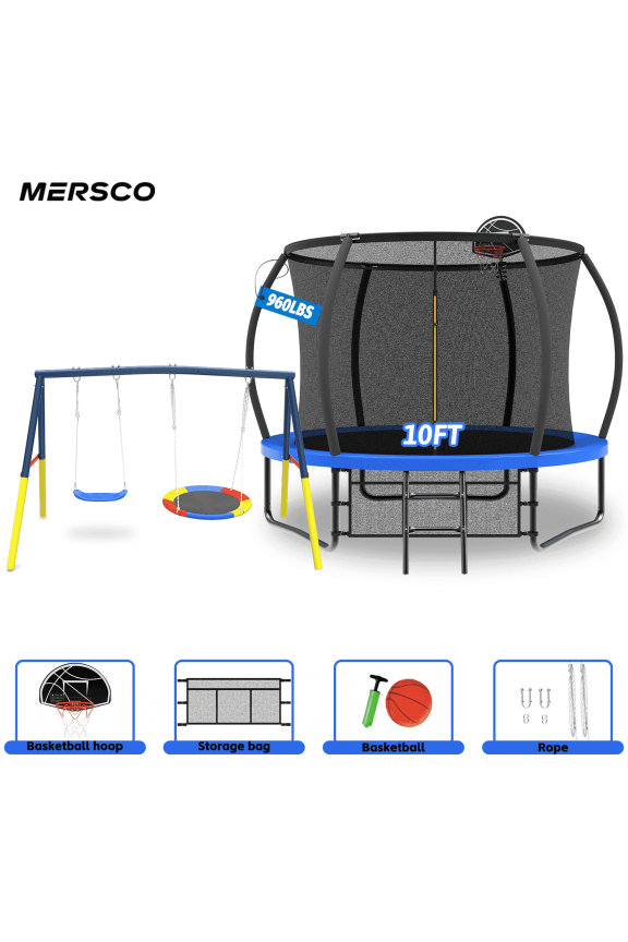 10FT Heavy Duty Trampoline with Enclosure Net ,Swing Set Outdoor Big Trampoline for Backyard, Kids Trampoline with Basketball Hoop,Kids Birthday and Festival Gifts,Blue