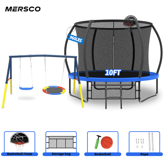 Mersco 10FT Heavy Duty Trampoline with Enclosure Net ,Swing Set Outdoor Big Trampoline for Backyard, Kids Trampoline with Basketball Hoop,Kids Birthday and Festival Gifts,Blue