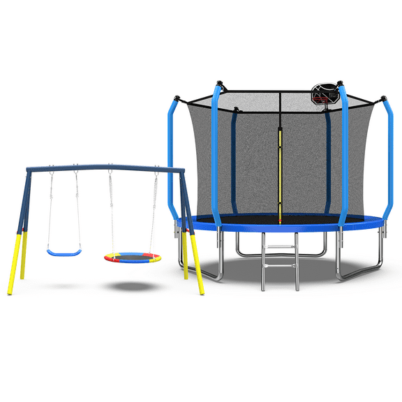 Mersco 10FT Trampoline with Enclosure Net,Swing Set, Outdoor Trampoline with Basketball Hoop for Kid,Jumping Trampoline with Swing Set for Backyard,Birthday and Holiday Gifts for Kids,Blue