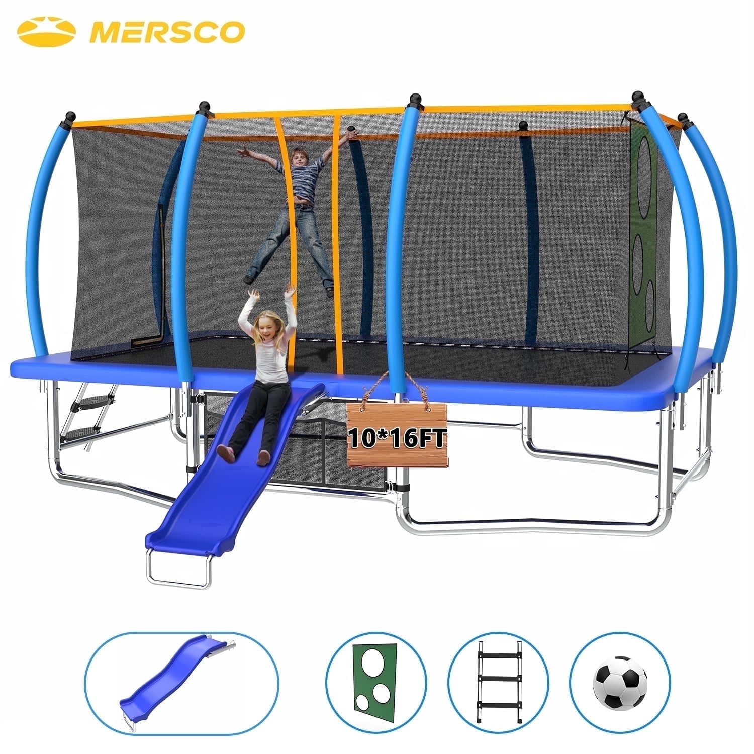 Mersco 10X16ft Large Rectangle Trampoline with Enclosure Net , Slide Outdoor Big Trampoline for Backyard,Kids Trampoline with Basketball Hoop,Birthday and Holiday Gifts for Kids,Blue