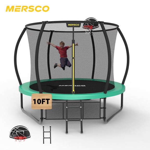 Mersco 10ft Green Kids Trampoline , Pumpkin Shape Outdoor Trampoline with Basketball Hoop, Enclosure Net ,Ladder ,Jumping Trampoline for Backyard and Home Play,Green