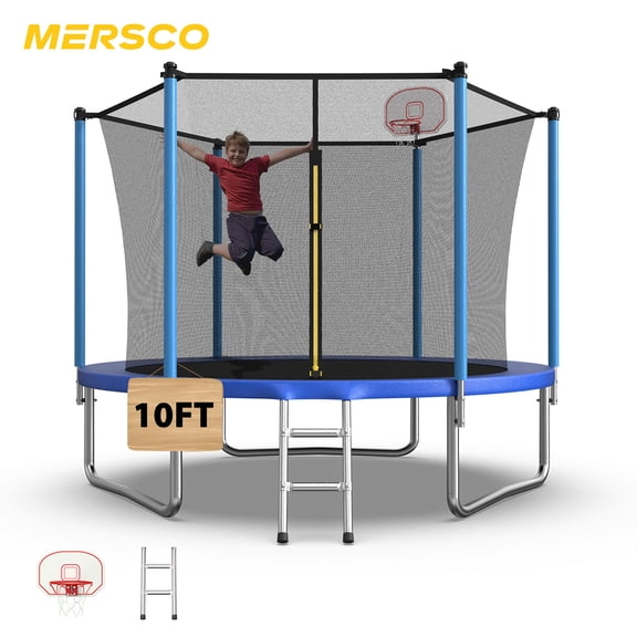 Mersco 10ft Trampoline for Kids,Outdoor Trampoline with Enclosure,BasketballHoop and Ladder,Upright-Poled Backyard Trampolinefor Family Fun,Jumping Trampoline fo Birthday Gifts,Blue