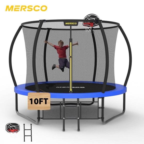 Mersco 10ft Pumpkin Trampoline SPACE for Kids ,Blue Outdoor Jumping Trampoline with Enclosure Net, Basketball Hoop ,Balls,Includes Ladder, Storage Bag,Home Trampoline for Birthday Gifts