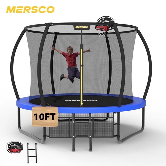 Mersco 10FT/12FT/14FT/15FT/16FT Pumpkin Trampoline for Kids ,Blue Outdoor Jumping Trampoline with Enclosure Net, Basketball Hoop, Ladder, Storage Bag,Home Trampoline SPACE for Birthday Gifts