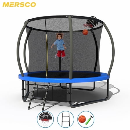 Mersco 10ft Pumpkin Trampoline for Kids ,Blue Outdoor Jumping Trampoline with Enclosure, Hoop ,Balls,Includes Ladder , Storage Bag,Home Trampoline for Birthday Gifts