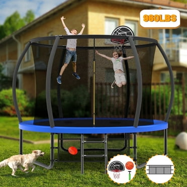 Mersco 10ft Trampoline for Kids, Pumpkin Outdoor Trampoline with Enclosure, Basketball Hoop and Storage Bag, 960lbs Loading,Brithday Gifts, Blue