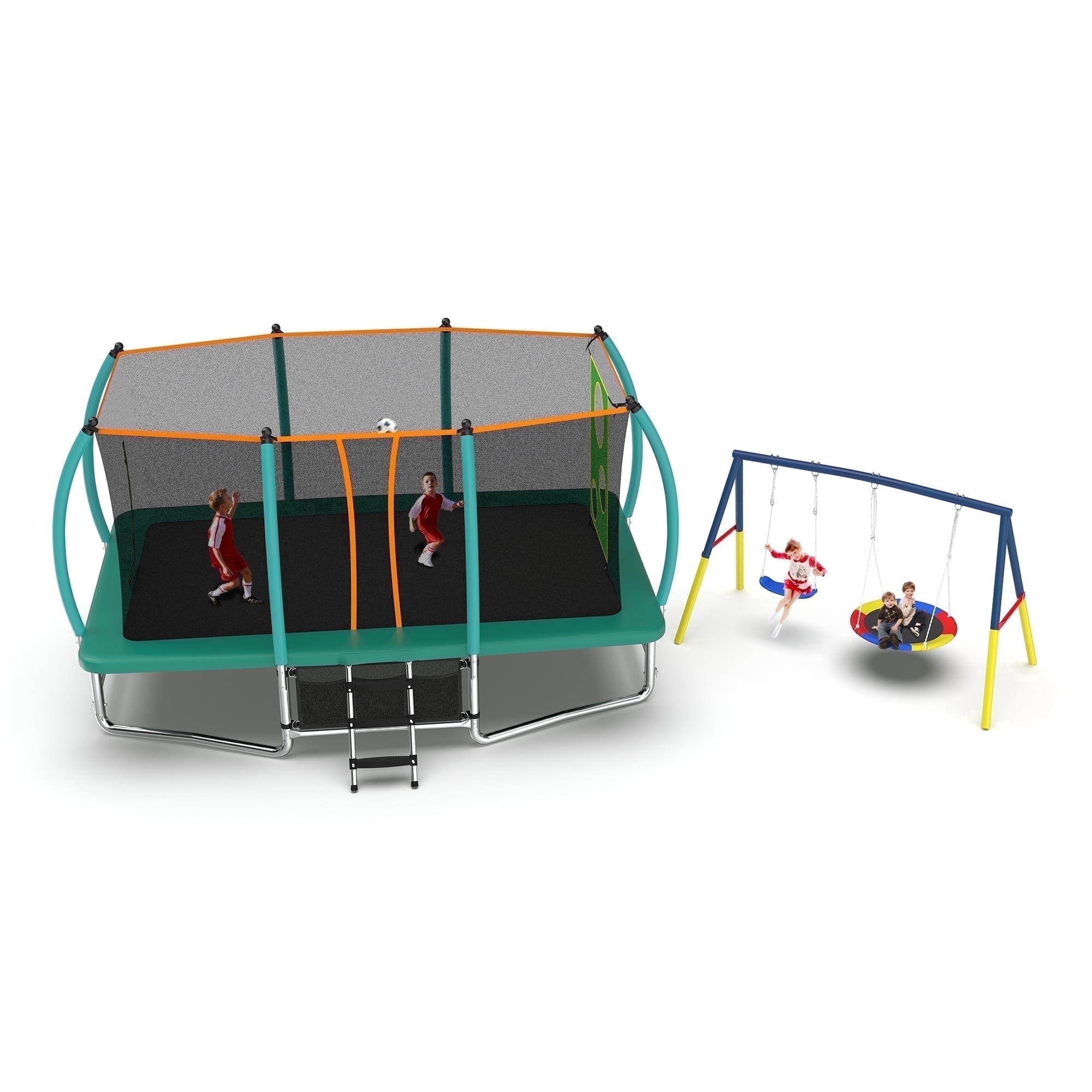 Mersco 10x16FT 4-in-1 Trampoline with Swing Set ,Enclosure Net, Recreational Trampoline, Outdoor Kids and Adults Trampoline for Backyard, Beach, Birthday Gifts ,Green