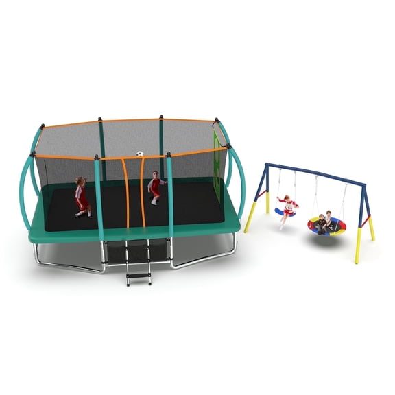 Mersco 10x16FT 4-in-1 Trampoline with Swing Set ,Enclosure Net, Recreational Trampoline, Outdoor Kids and Adults Trampoline for Backyard, Beach, Birthday Gifts ,Green
