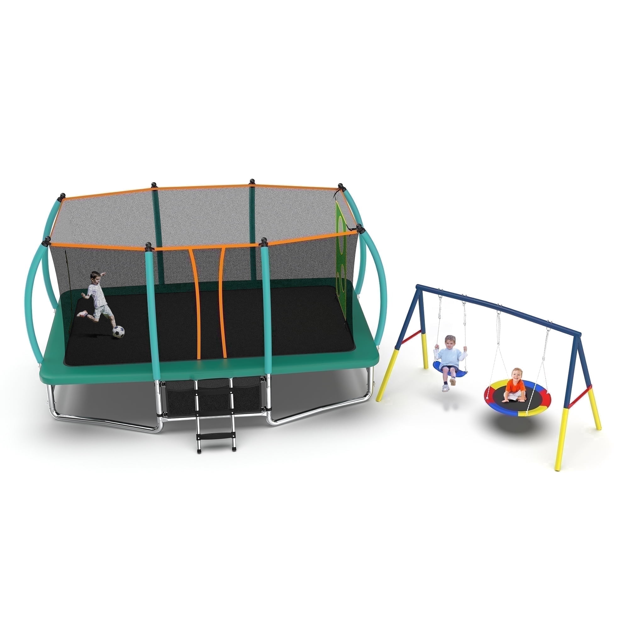 Mersco 8x14FT 4-in-1 Trampoline with Swing Set , Enclosure Net, Recreational Trampoline, Outdoor Kids Trampoline for Backyard, Beach, Birthday Gifts,Green