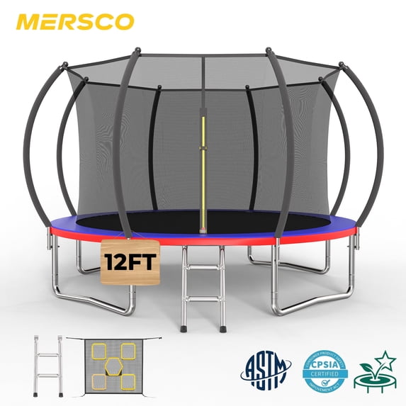 Mersco 12FT/14FT Kids Trampoline, ASTM Certified Heavy Duty Outdoor Trampoline with Safety Enclosure Net and Ladder for Backyard Family Fun, Pumpkin Trampoline SPACE