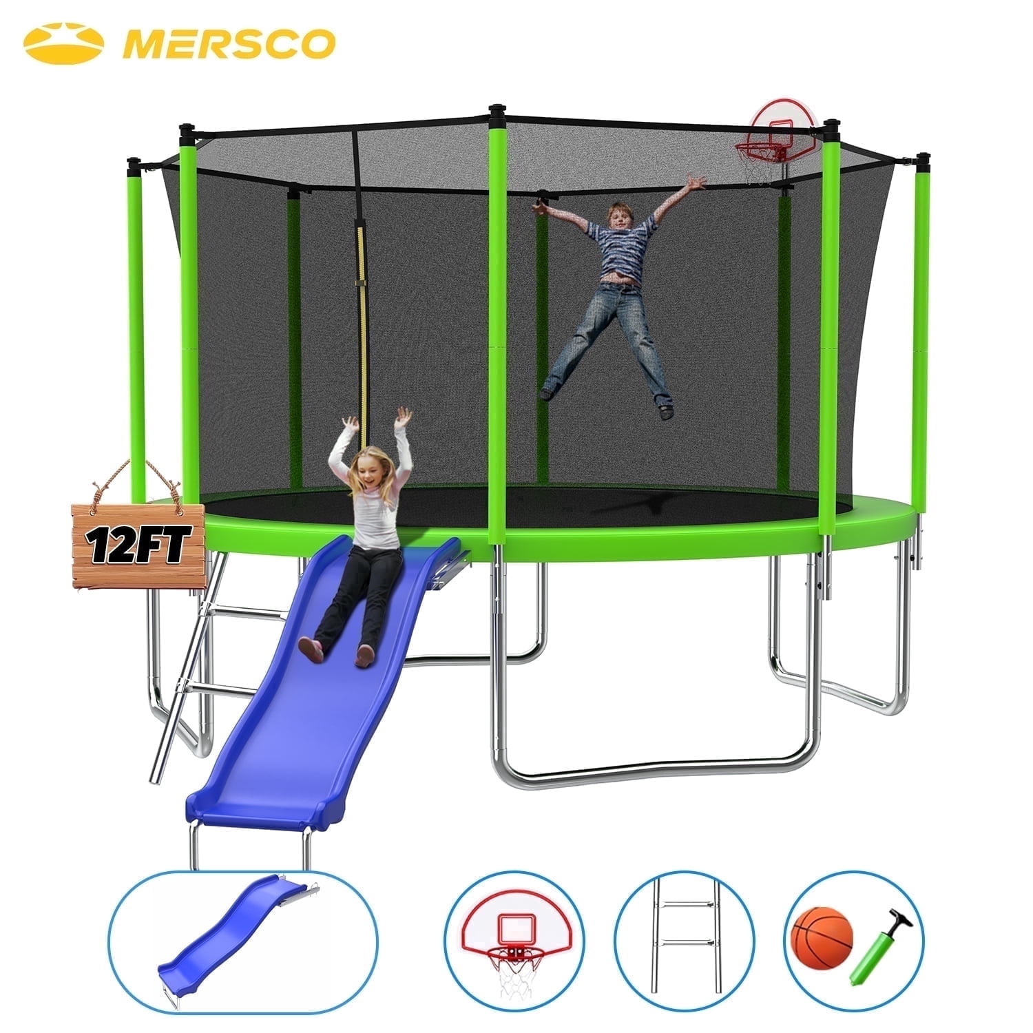Mersco 12FT Heavy Duty Trampoline with Enclosure Net , Slide Outdoor Big Trampoline for Backyard,Kids Trampoline with Basketball Hoop,Birthday and  Holiday Gifts for Kids,Green