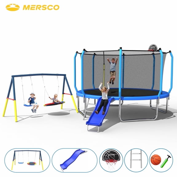 Mersco 12FT Heavy Duty Trampoline with Enclosure Net ,Slide ,Swing Set Outdoor Trampoline for Backyard,Kids Trampoline with Basketball Hoop,Birthday and Holiday Gifts for Kids,Blue