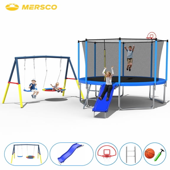 Mersco 12FT Heavy Duty Trampoline with Enclosure Net , Slide ,Swing Set Outdoor Trampoline for Backyard,Kids Trampoline with Basketball Hoop,Birthday and Holiday Gifts for Kids,Green
