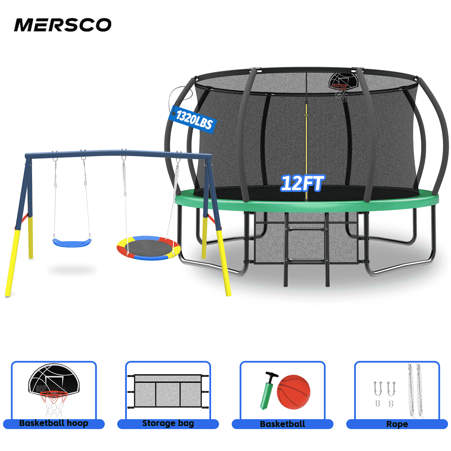 Mersco 12FT Heavy Duty Trampoline with Enclosure Net ,Swing Set Outdoor Big Trampoline for