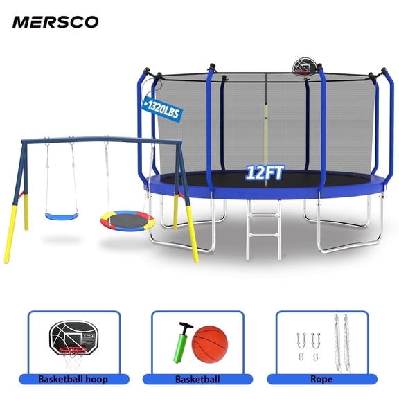 Mersco 12FT Trampoline with Enclosure Net,Swing Set, Outdoor Trampoline with Basketball Hoop for Kid,Jumping Trampoline with Swing Set for Backyard,Birthday ,Holiday Gifts for Kids,Blue