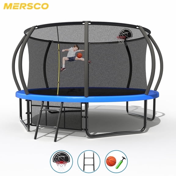Mersco 12ft Trampoline for Kids and Adults, Outdoor Pumpkin Trampoline with Basketball Hoop, Enclosure and Storage Bag, Jumping Trampoline for Boys and Girls Birthday Gift,Blue