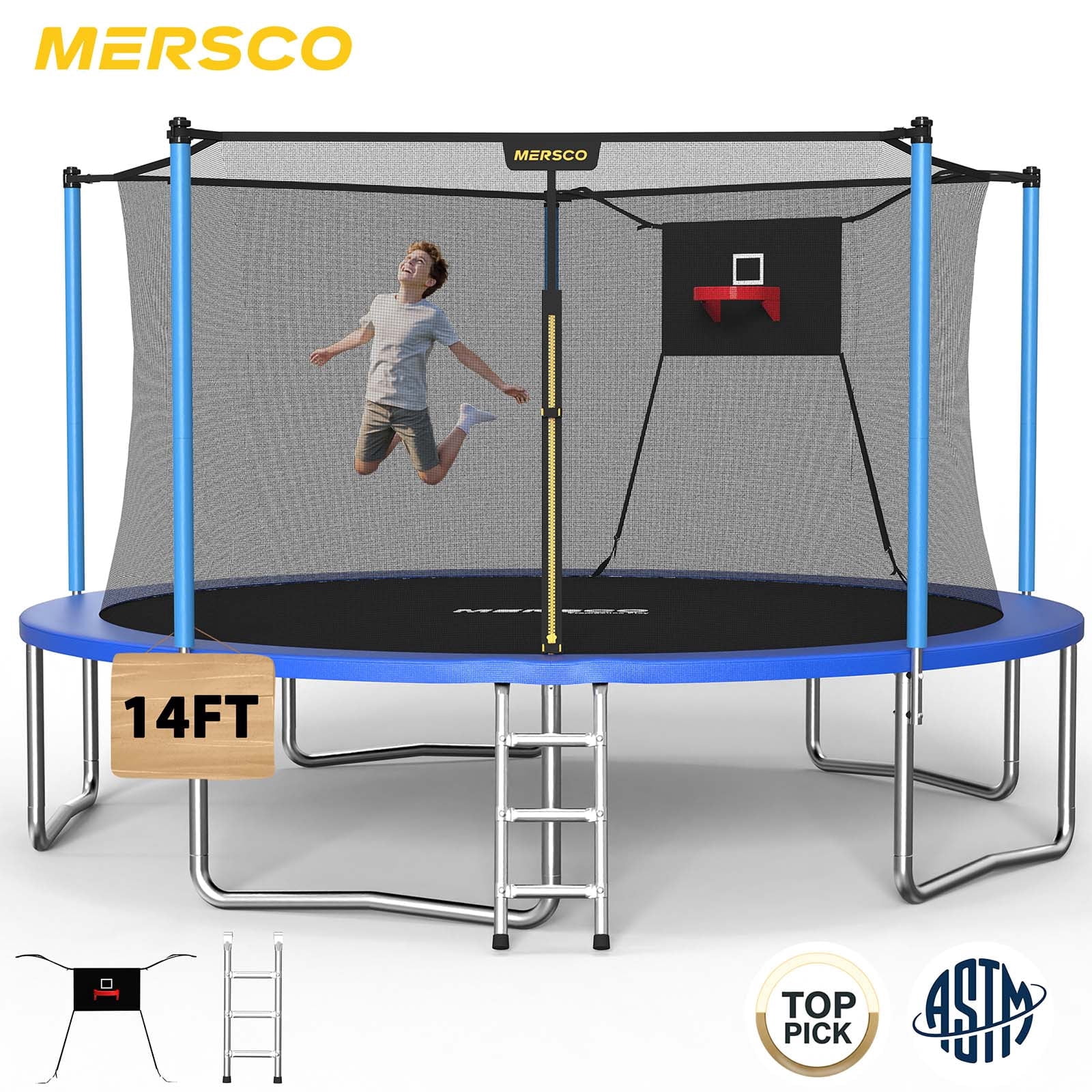 Mersco 14ft Outdoor Trampoline, Blue, with Basketball Hoop