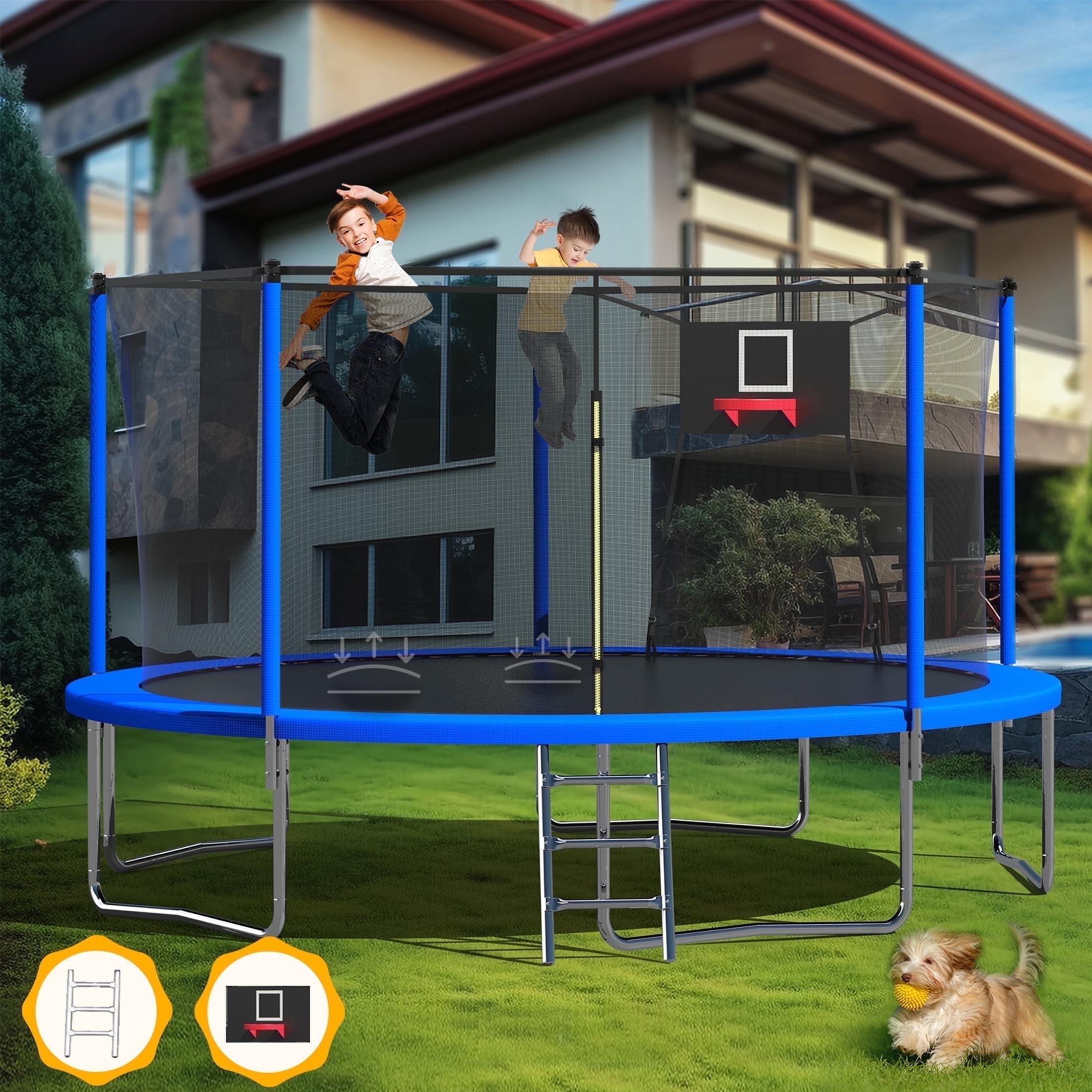 The Coupon deal of  Mersco 14ft Outdoor Trampoline for Kids and Adults, Backyard Trampoline with Basketball Hoop and Enclosure Net, Loading 1320 lbs, Blue