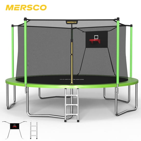 Mersco 14FT Kids Trampoline, ASTM Certified Heavy Duty Outdoor Trampoline with Safety Enclosure Net Basketball Hoop and Ladder for Backyard Family Fun, Jumping Trampoline PLAY